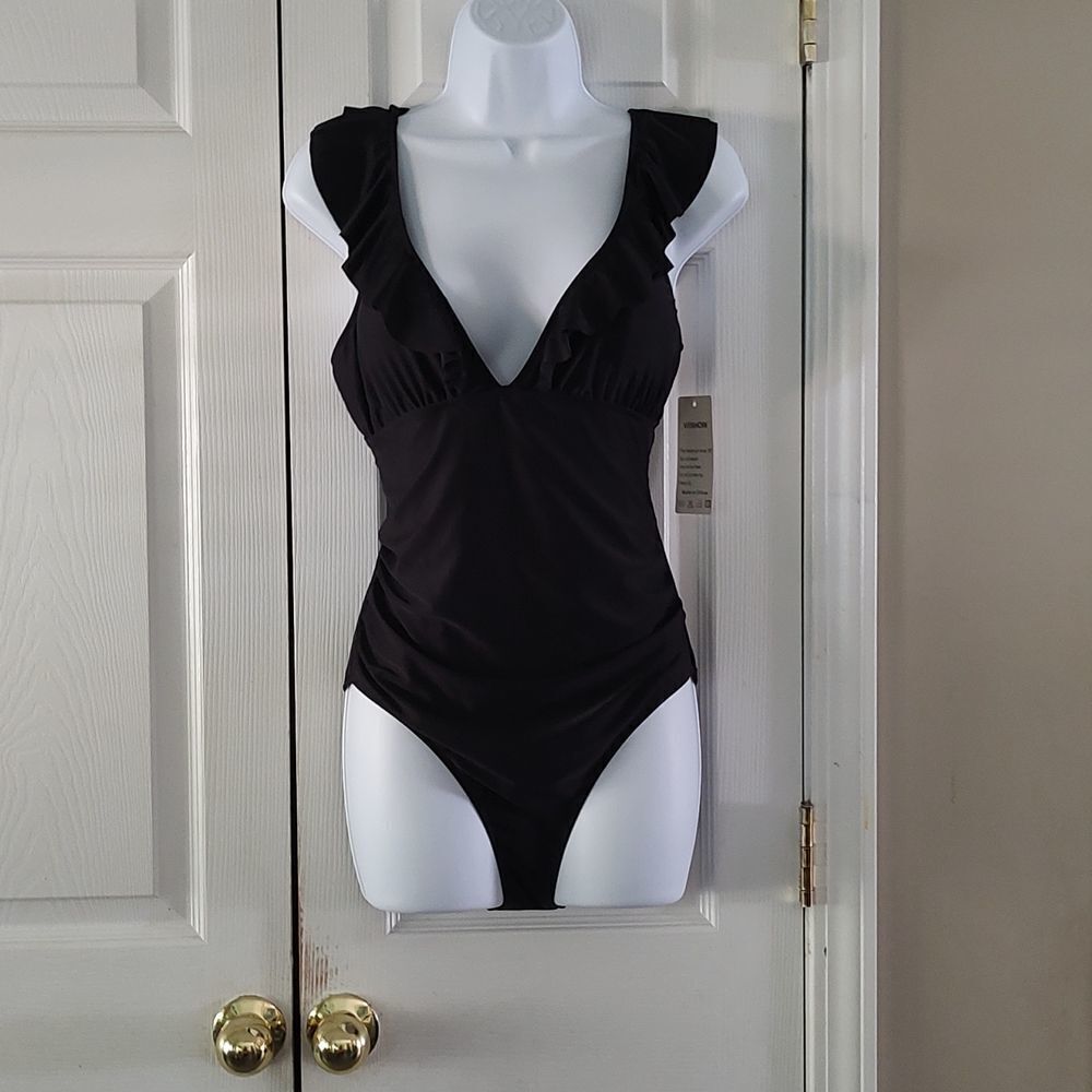 Women's V Neck One Piece Swimsuit Ruffled Lace Up Monokini  Sz L